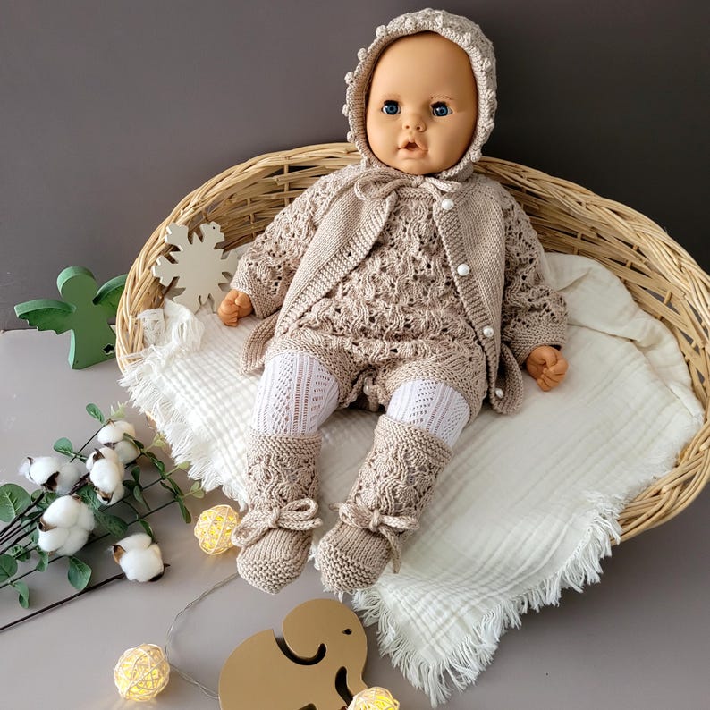 Cozy Hand-Knit Newborn Outfit Organic Cotton Gift - Ręcznie dziergany zestaw noworodkowy bawełna organiczna