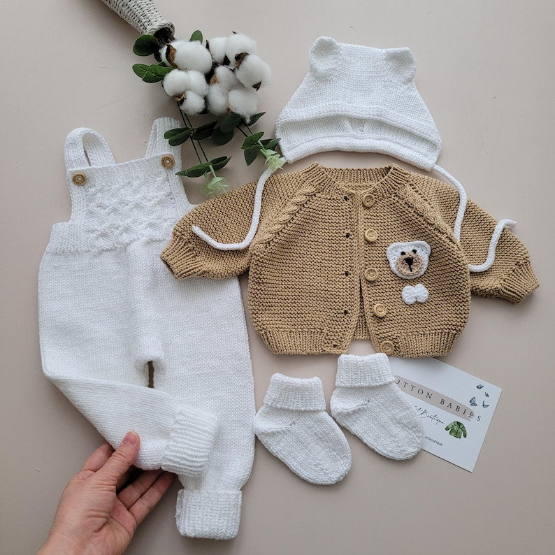 Handmade Organic Cotton Teddy Bear Romper Set for Newborns - Ręcznie robiony pajacyk niemowlęcy z miskiem z organicznej bawełny