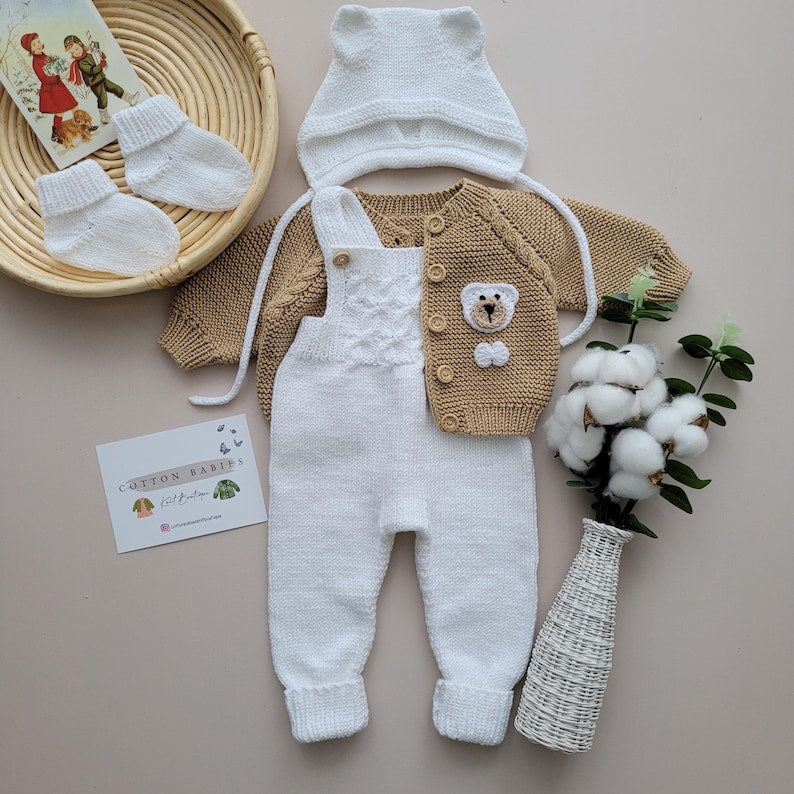 Handmade Organic Cotton Teddy Bear Romper Set for Newborns - Ręcznie robiony pajacyk niemowlęcy z miskiem z organicznej bawełny