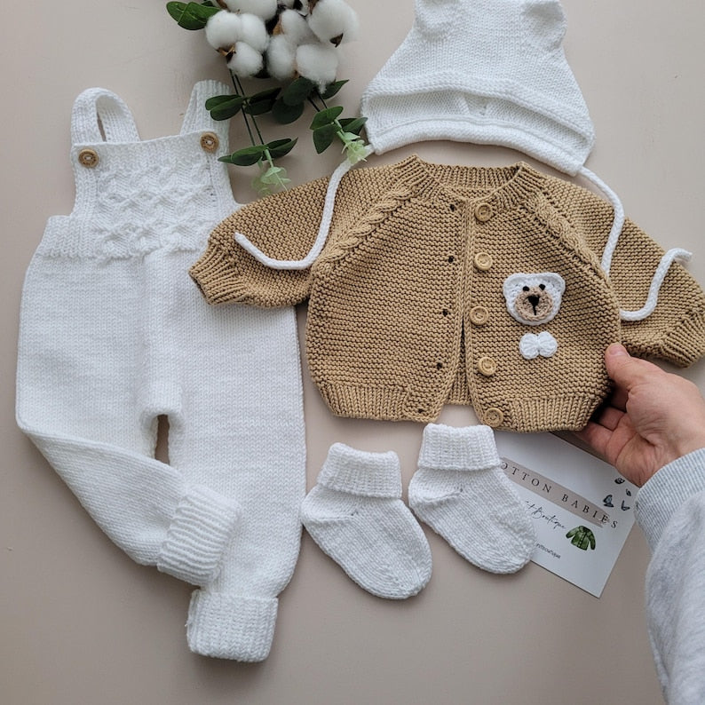 Handmade Organic Cotton Teddy Bear Romper Set for Newborns - Ręcznie robiony pajacyk niemowlęcy z miskiem z organicznej bawełny