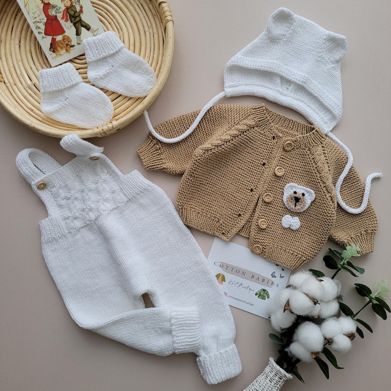 Handmade Organic Cotton Teddy Bear Romper Set for Newborns - Ręcznie robiony pajacyk niemowlęcy z miskiem z organicznej bawełny