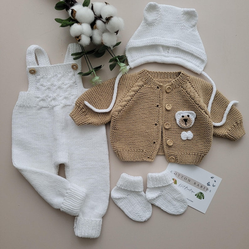 Handmade Organic Cotton Teddy Bear Romper Set for Newborns - Ręcznie robiony pajacyk niemowlęcy z miskiem z organicznej bawełny
